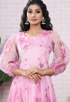 Printed Organza Abaya Style Suit in Pink
