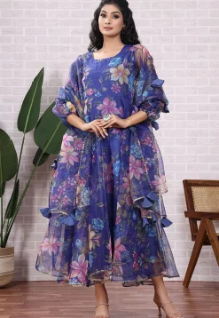Printed Organza Aline Suit in Blue