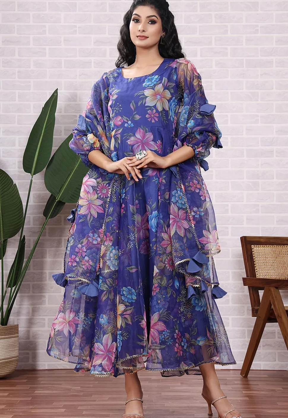 Printed Organza Aline Suit in Blue
