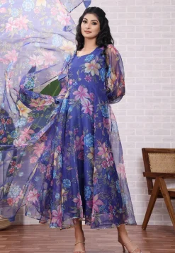 Printed Organza Aline Suit in Blue
