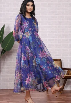 Printed Organza Aline Suit in Blue