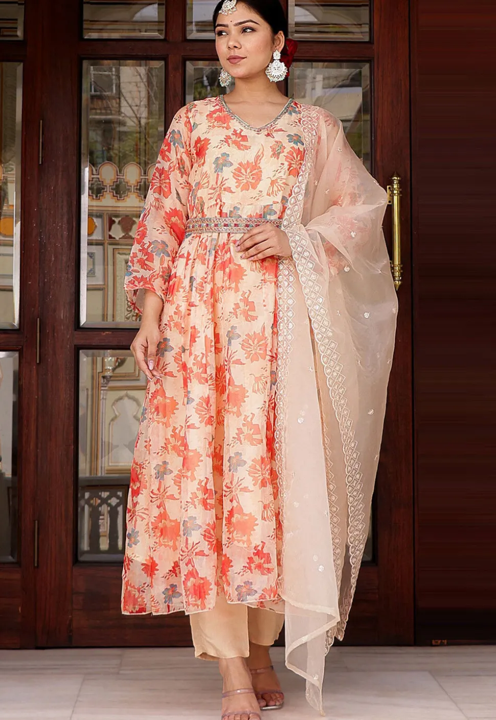 Printed Organza Anarkali Suit in Cream