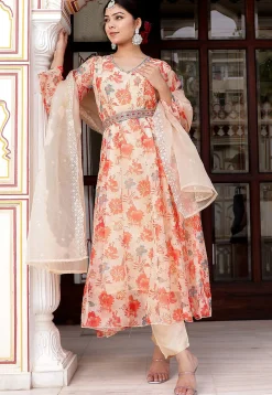 Printed Organza Anarkali Suit in Cream