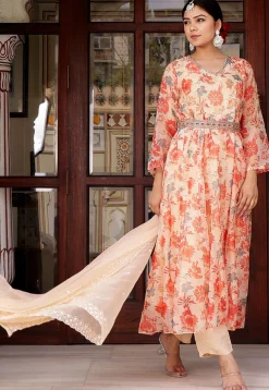 Printed Organza Anarkali Suit in Cream