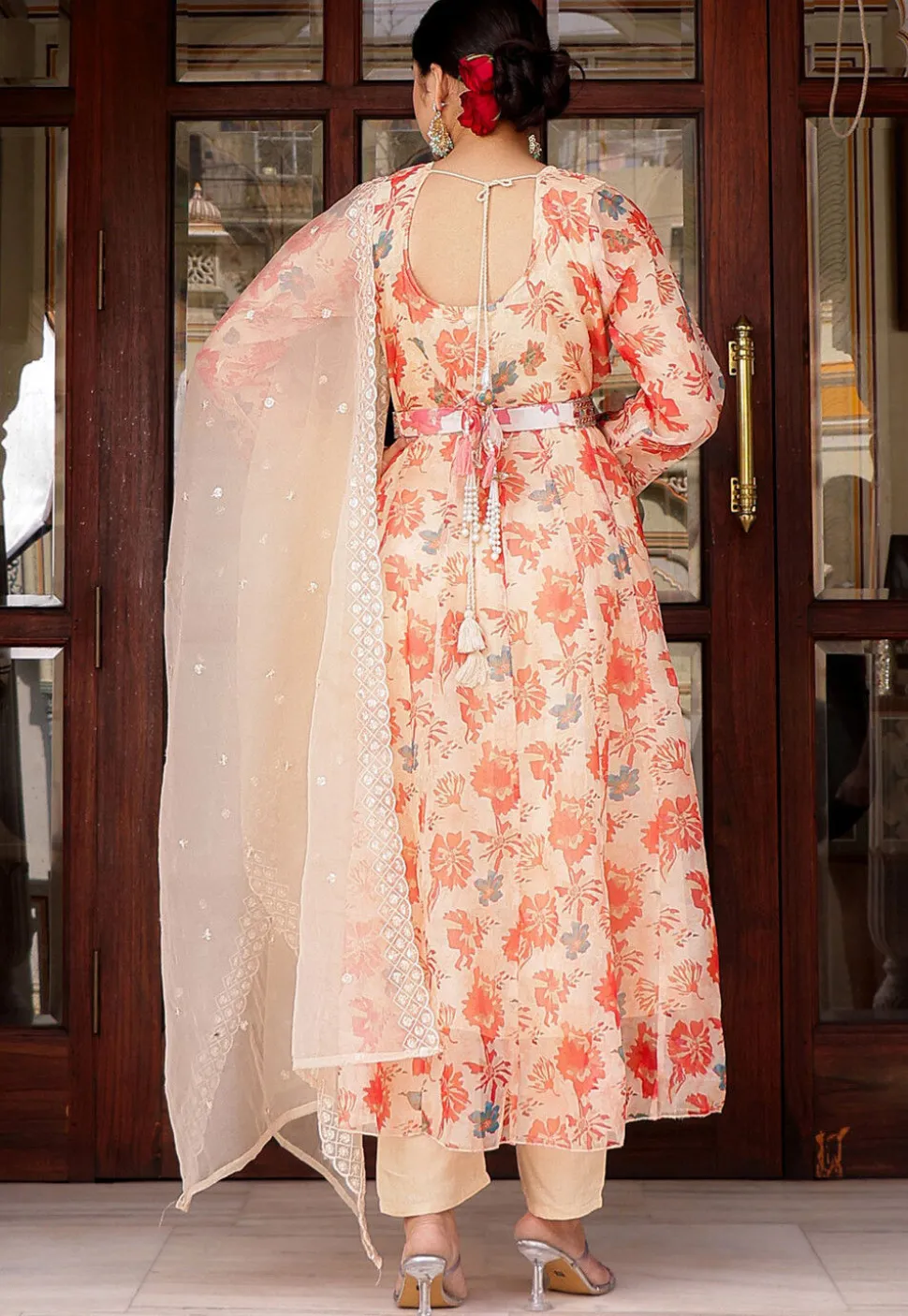 Printed Organza Anarkali Suit in Cream
