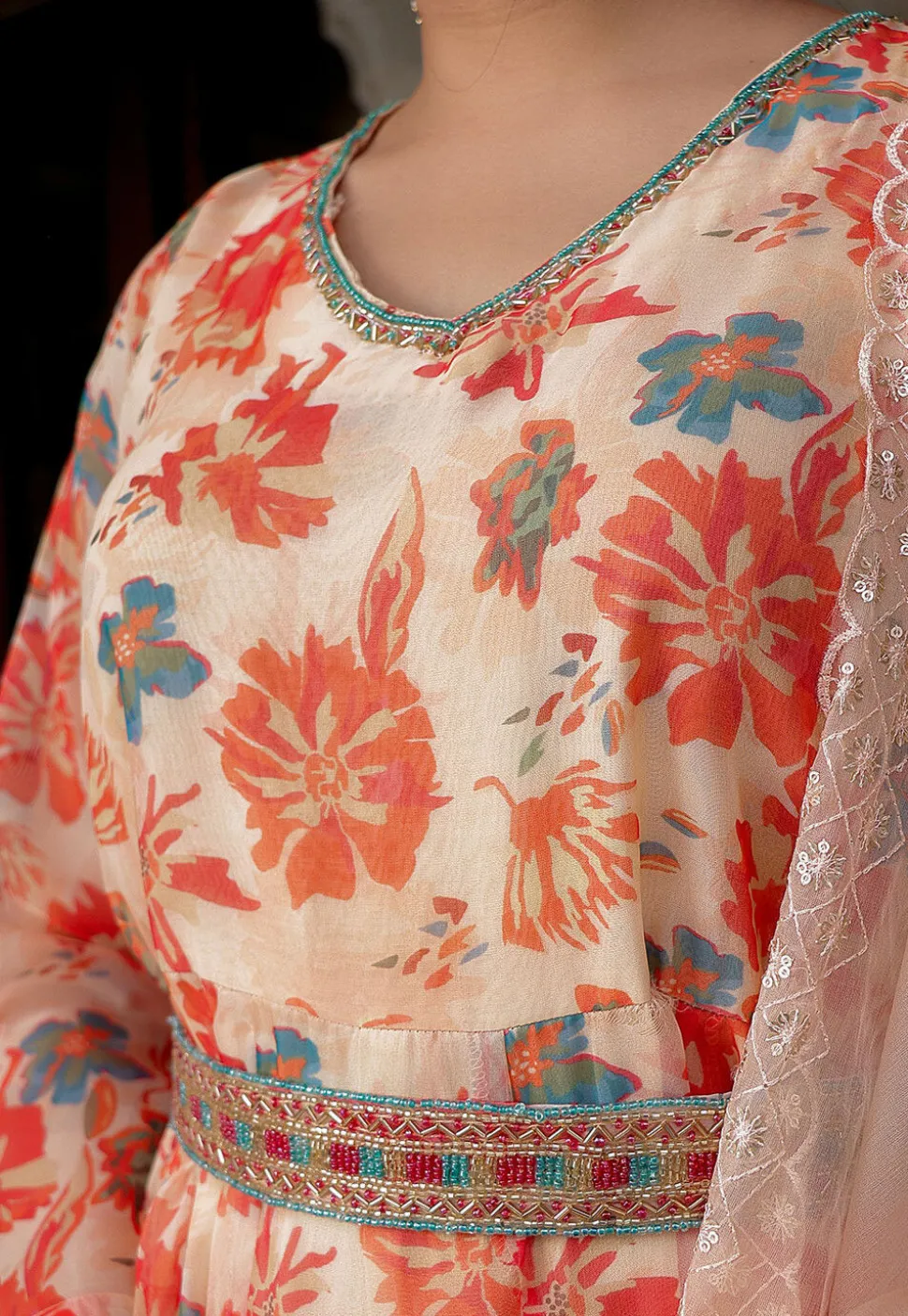 Printed Organza Anarkali Suit in Cream