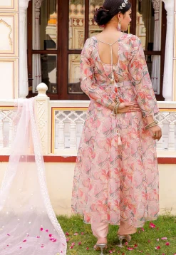 Printed Organza Anarkali Suit in White