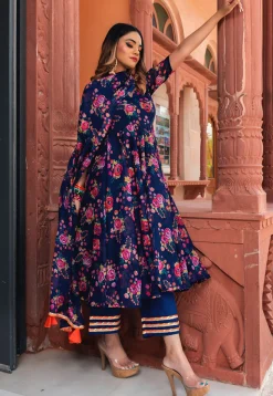 Printed Organza Anarkali Suit in Navy Blue