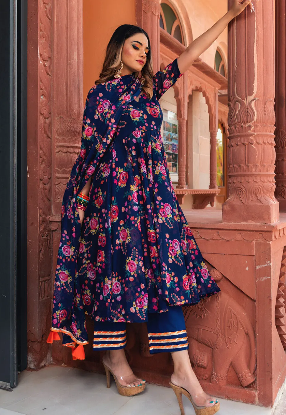 Printed Organza Anarkali Suit in Navy Blue