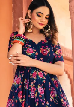 Printed Organza Anarkali Suit in Navy Blue