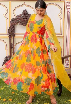 Printed Organza Anarkali Suit in Mustard
