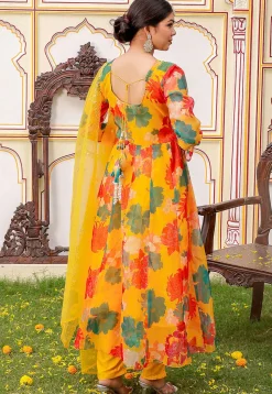 Printed Organza Anarkali Suit in Mustard