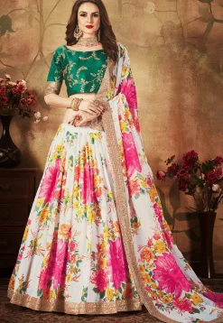 Printed Organza Lehenga in Off White
