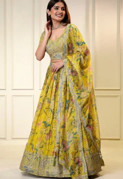 Printed Organza Lehenga in Yellow