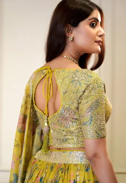 Printed Organza Lehenga in Yellow