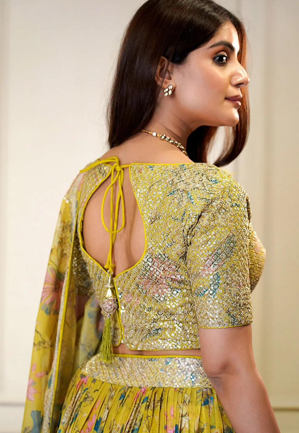 Printed Organza Lehenga in Yellow