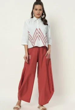 Printed Pockets Pure Cotton Cowl Pant in Coral Pink