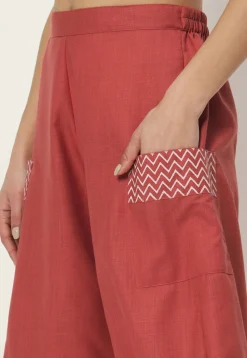 Printed Pockets Pure Cotton Cowl Pant in Coral Pink