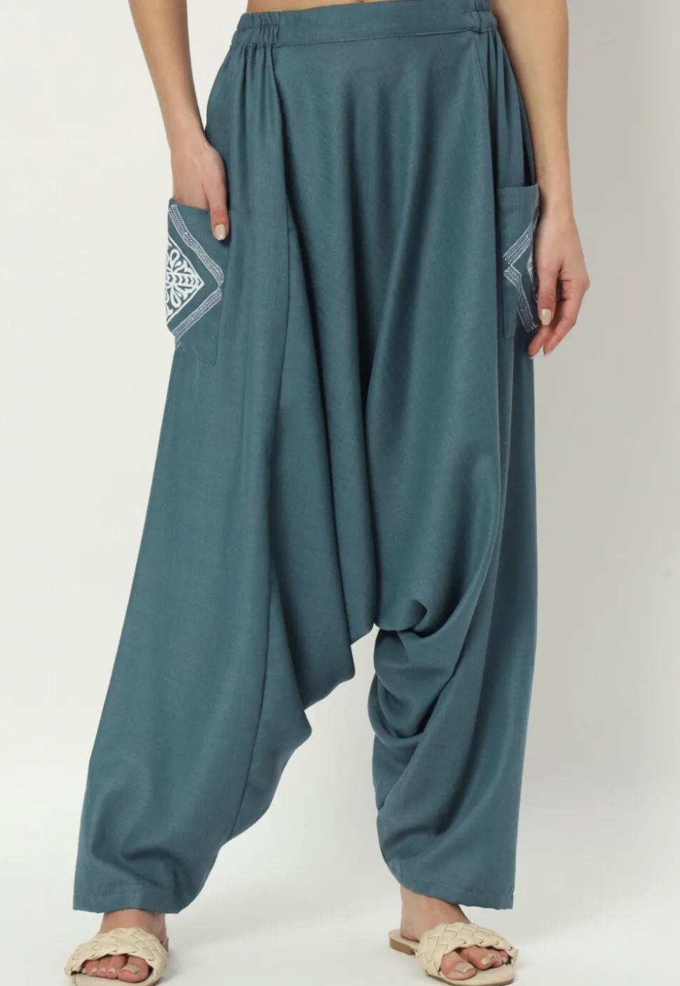 Printed Pockets Pure Cotton Harem Pant in Dusty Blue