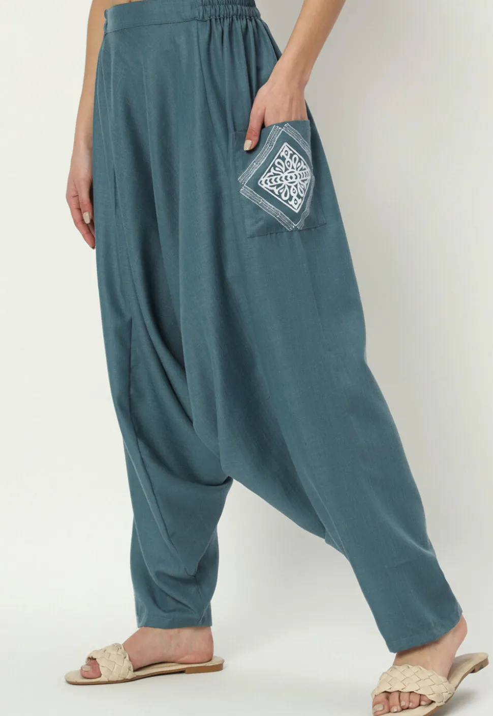 Printed Pockets Pure Cotton Harem Pant in Dusty Blue