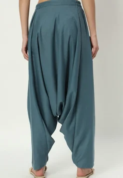 Printed Pockets Pure Cotton Harem Pant in Dusty Blue
