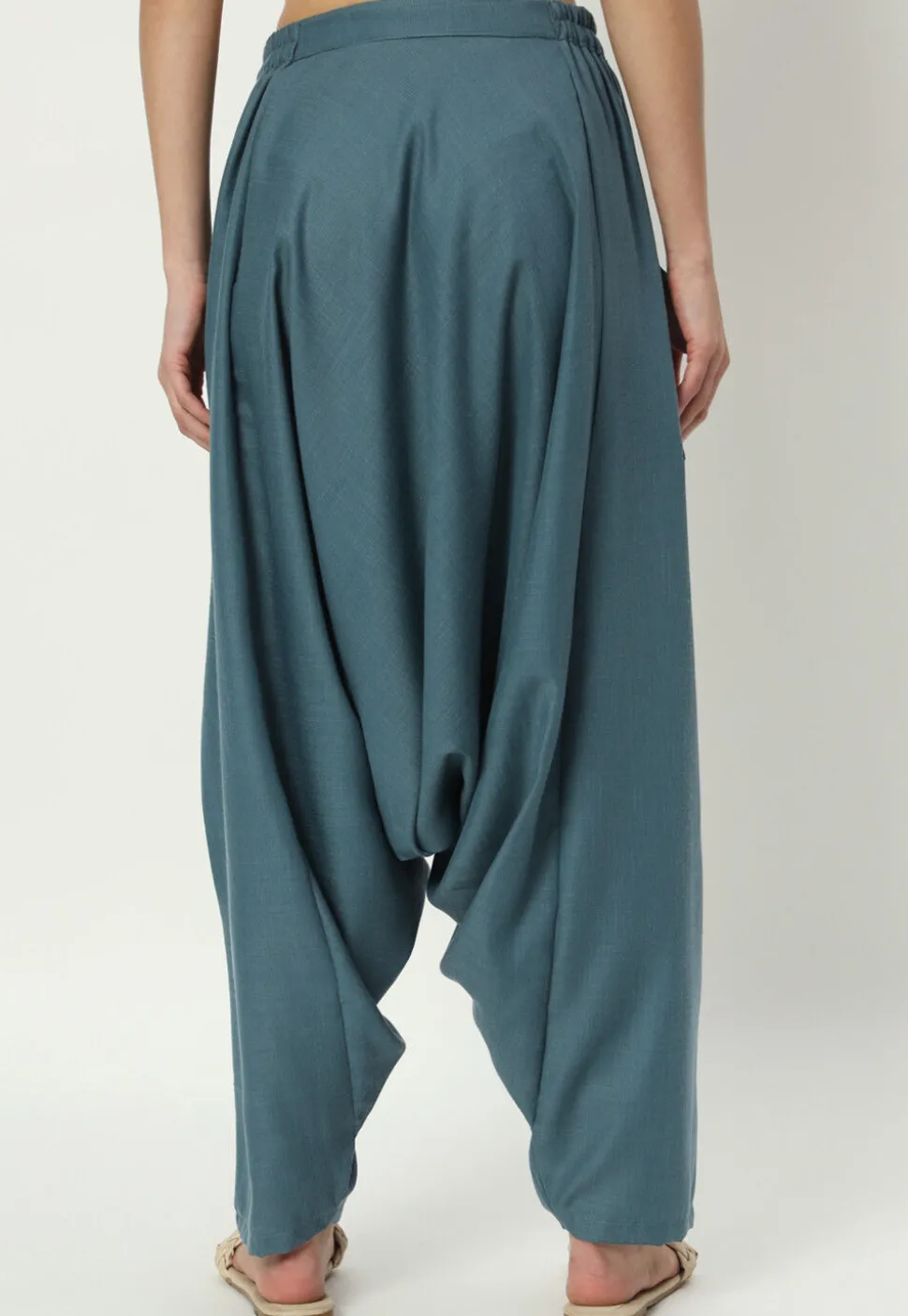 Printed Pockets Pure Cotton Harem Pant in Dusty Blue