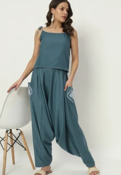 Printed Pockets Pure Cotton Harem Pant in Dusty Blue