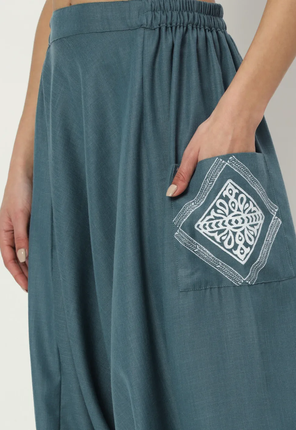 Printed Pockets Pure Cotton Harem Pant in Dusty Blue