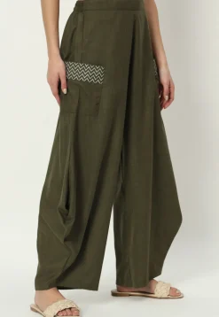 Printed Pockets Pure Cotton Cowl Pant in Dark Olive Green