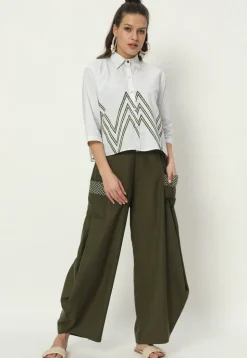 Printed Pockets Pure Cotton Cowl Pant in Dark Olive Green