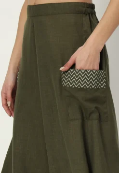 Printed Pockets Pure Cotton Cowl Pant in Dark Olive Green