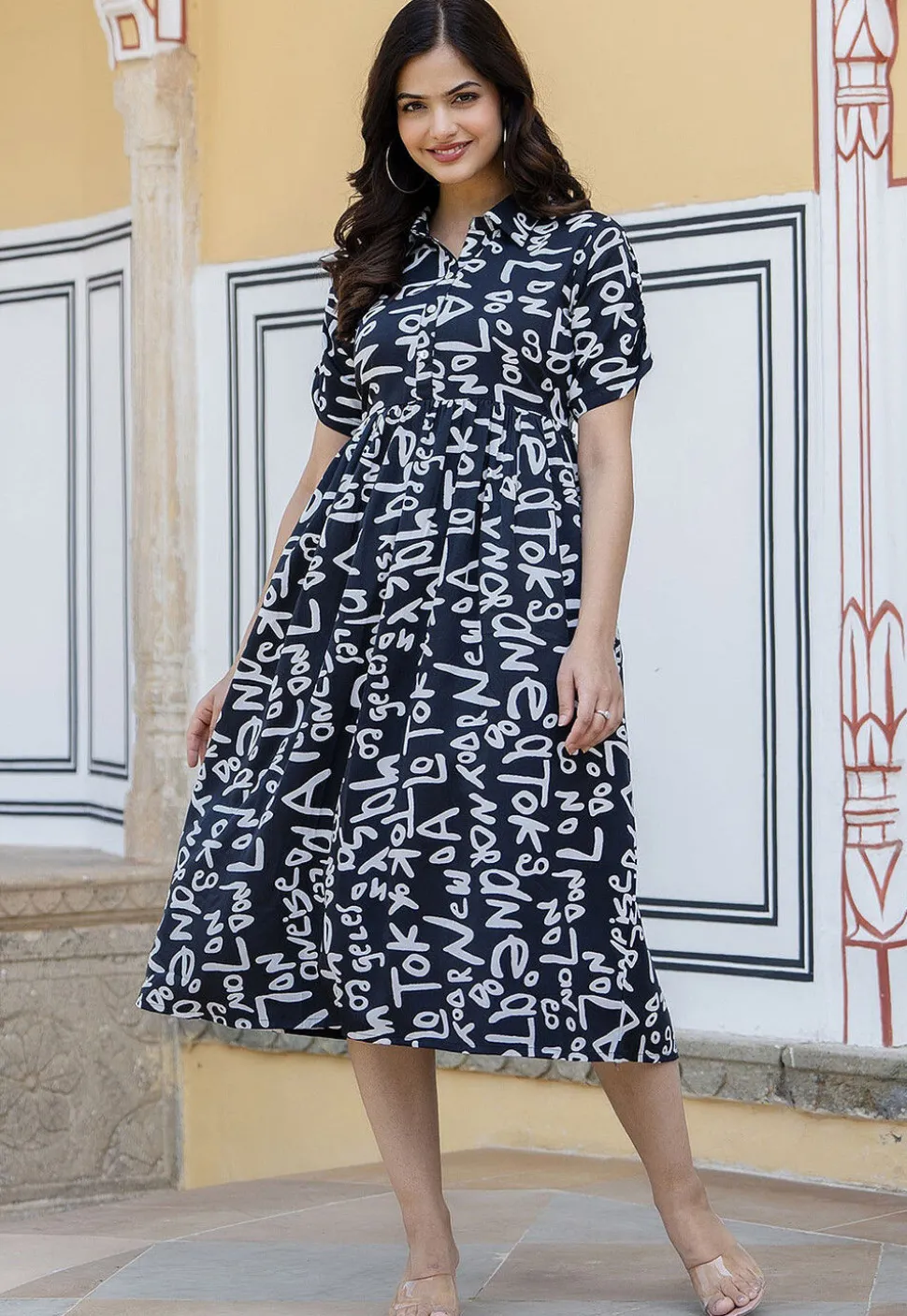 Printed Polyester Aline Dress in Navy Blue