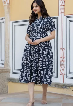 Printed Polyester Aline Dress in Navy Blue