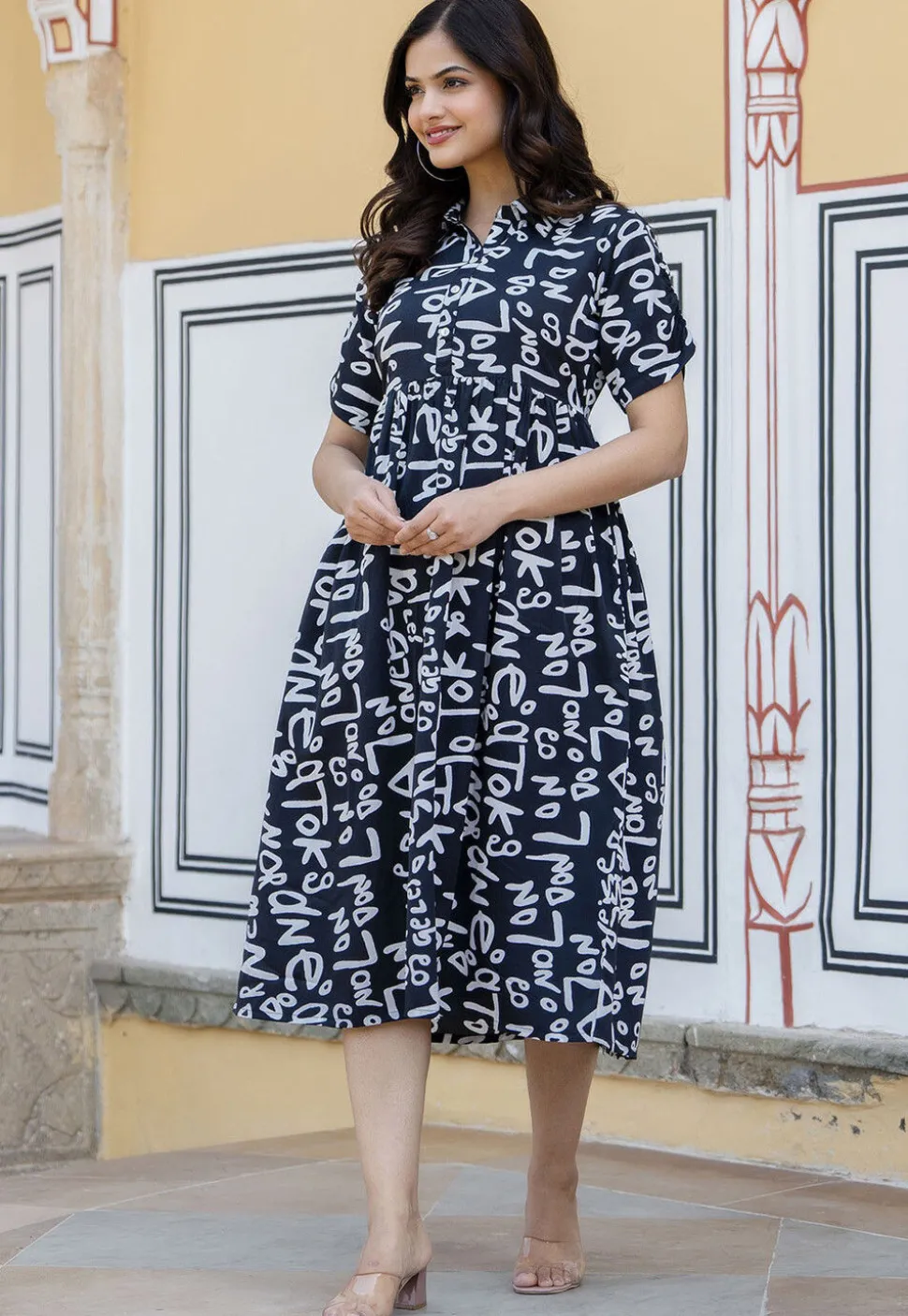 Printed Polyester Aline Dress in Navy Blue