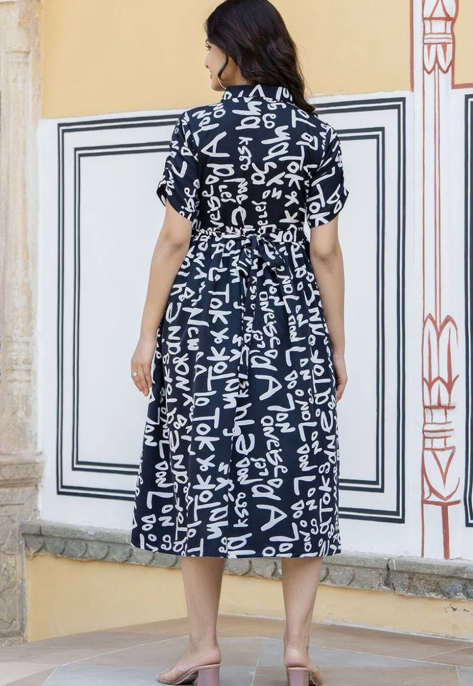 Printed Polyester Aline Dress in Navy Blue