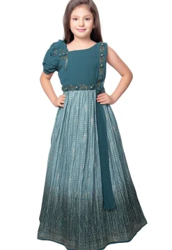 Printed Polyester Gown with attached Dupatta in Blue