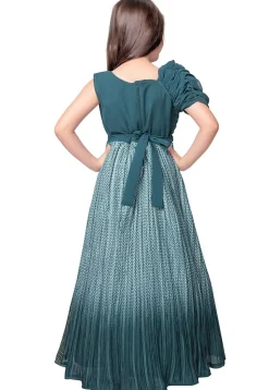 Printed Polyester Gown with attached Dupatta in Blue