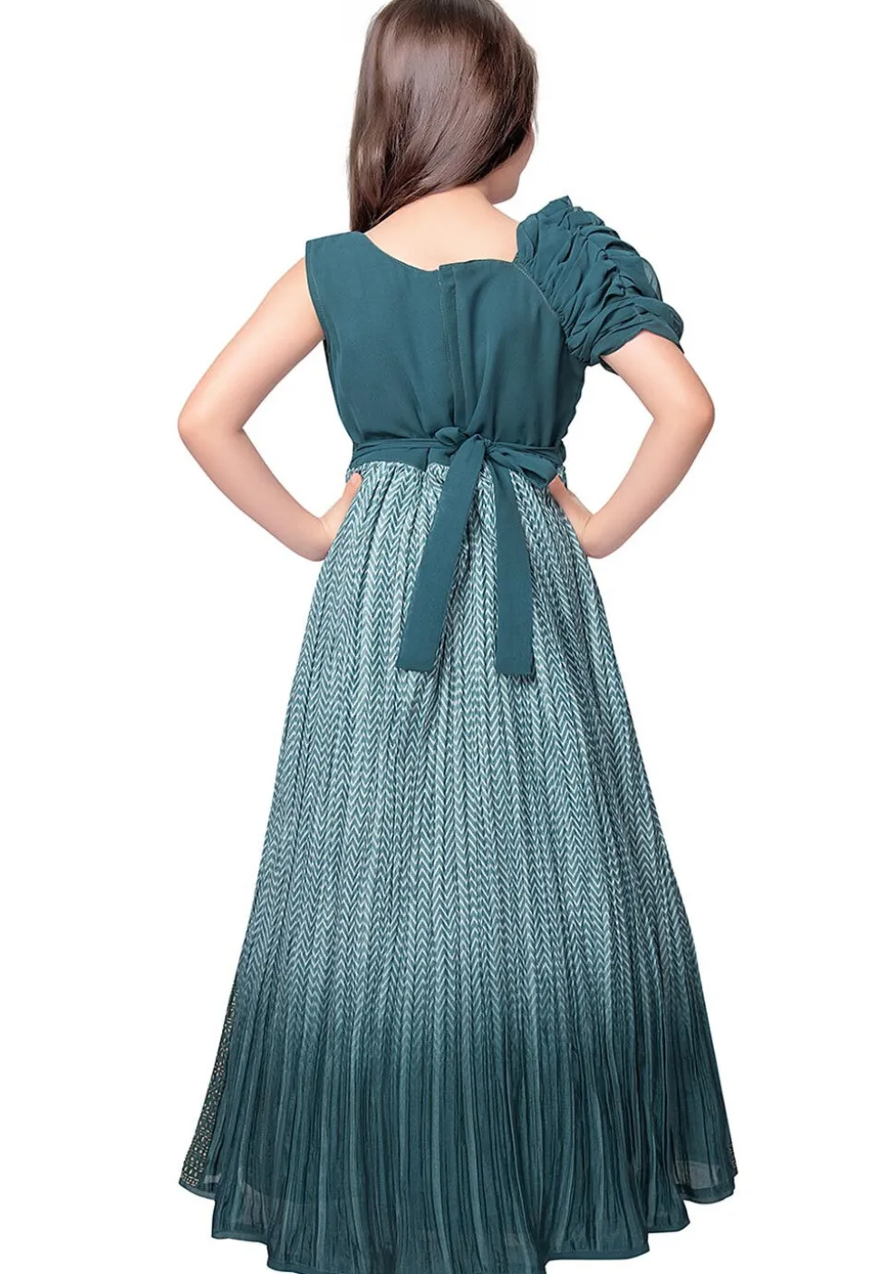 Printed Polyester Gown with attached Dupatta in Blue