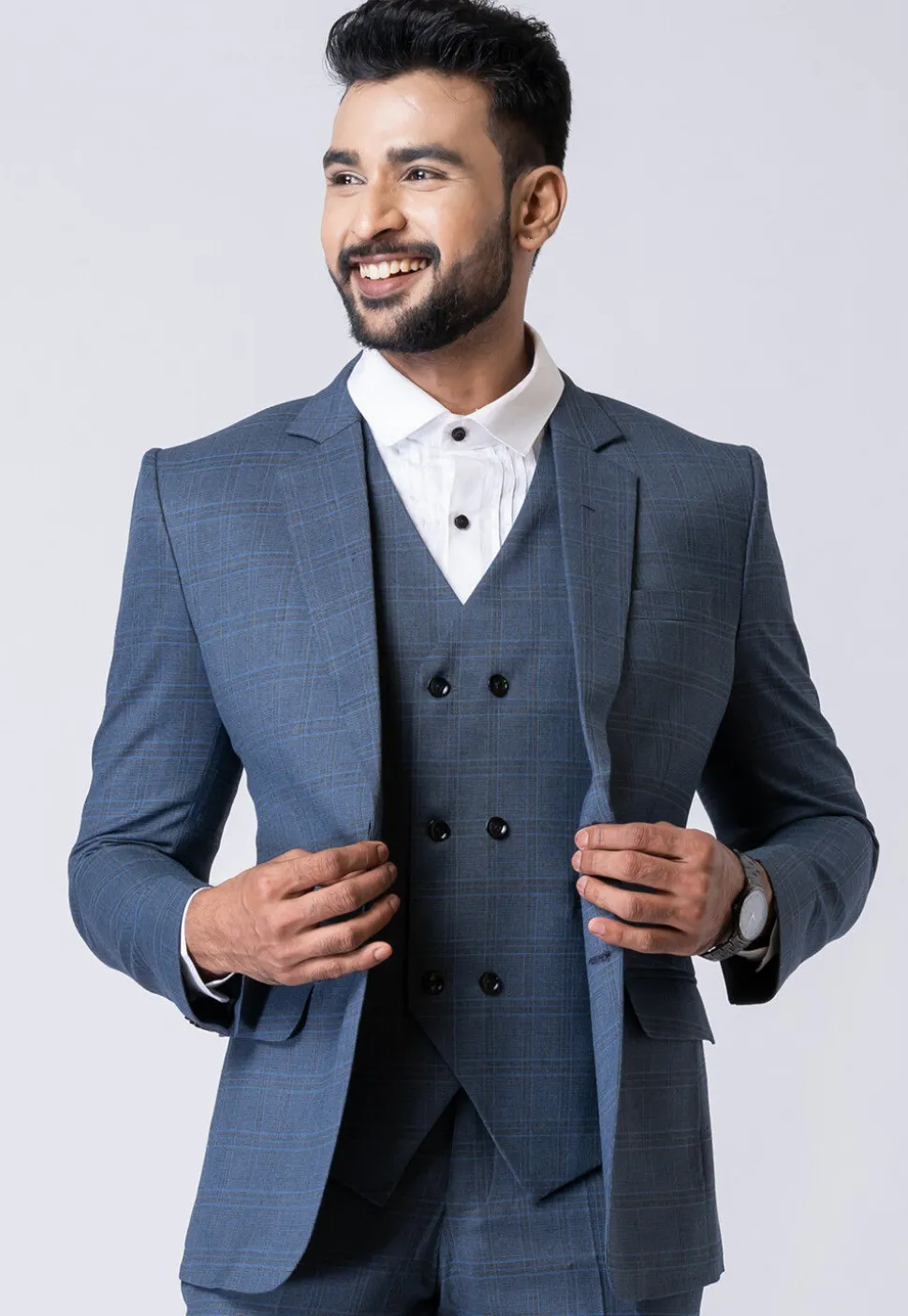 Printed Polyester Tuxedo in Light Blue