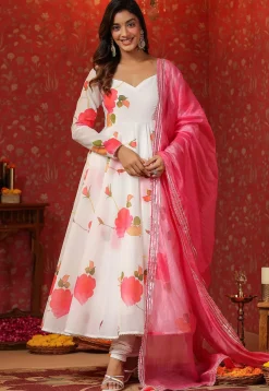 Printed Pure Chanderi Cotton Aline Suit in White