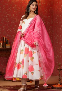 Printed Pure Chanderi Cotton Aline Suit in White