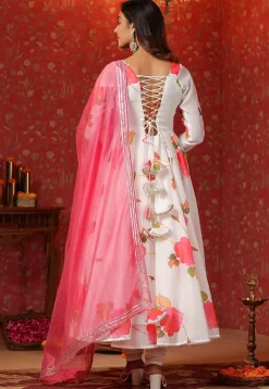 Printed Pure Chanderi Cotton Aline Suit in White
