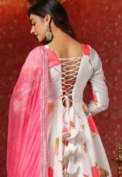 Printed Pure Chanderi Cotton Aline Suit in White