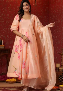 Printed Pure Chanderi Cotton Aline Suit in Peach