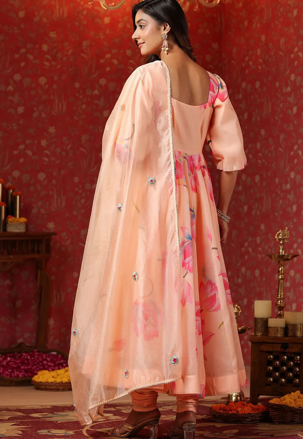Printed Pure Chanderi Cotton Aline Suit in Peach
