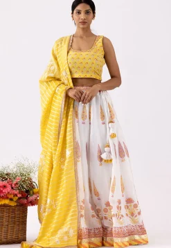 Printed Pure Chanderi Cotton Lehenga in White