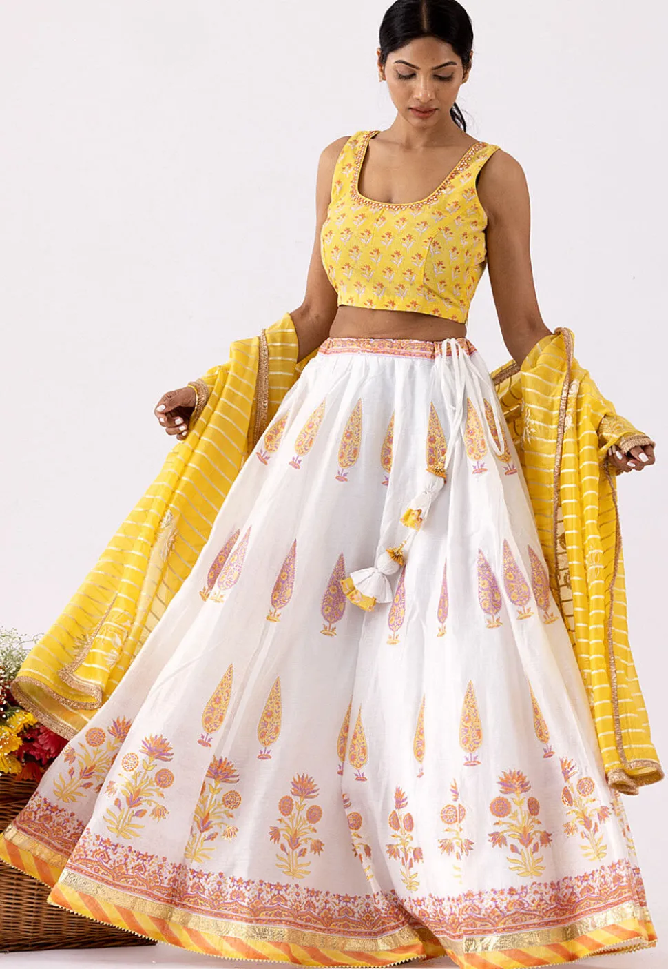 Printed Pure Chanderi Cotton Lehenga in White