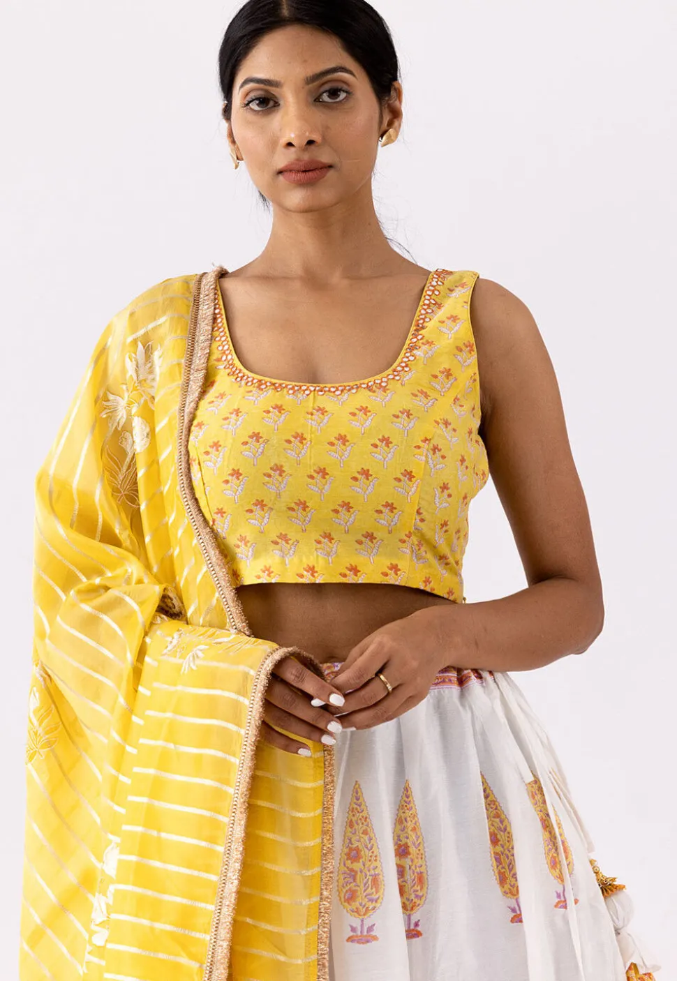 Printed Pure Chanderi Cotton Lehenga in White