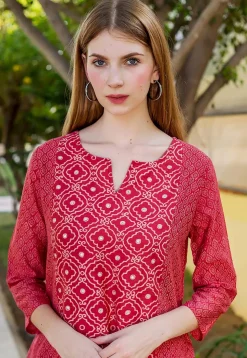Printed Pure Chanderi Cotton Pakistani Suit in Red