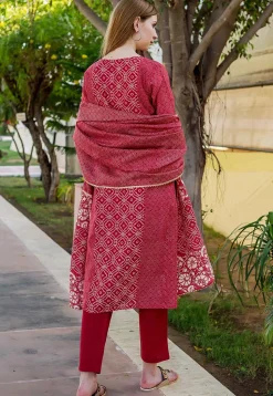 Printed Pure Chanderi Cotton Pakistani Suit in Red